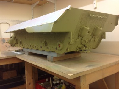 The basic lower hull up to the sponsons is now done and painted, of course it still needs weathering before I add the suspension and wheels.