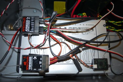 Radio gear showing telemetry module to monitor battery voltage and amplifier temp.