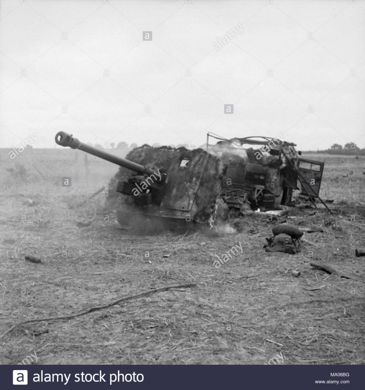 the-british-army-in-normandy-1944-a-17-pdr-anti-tank-gun-and-quad-artillery-tractor-burning-on-hill-112-after-being-hit-by-mortar-fire-15-july-1944-MA06BG.jpg