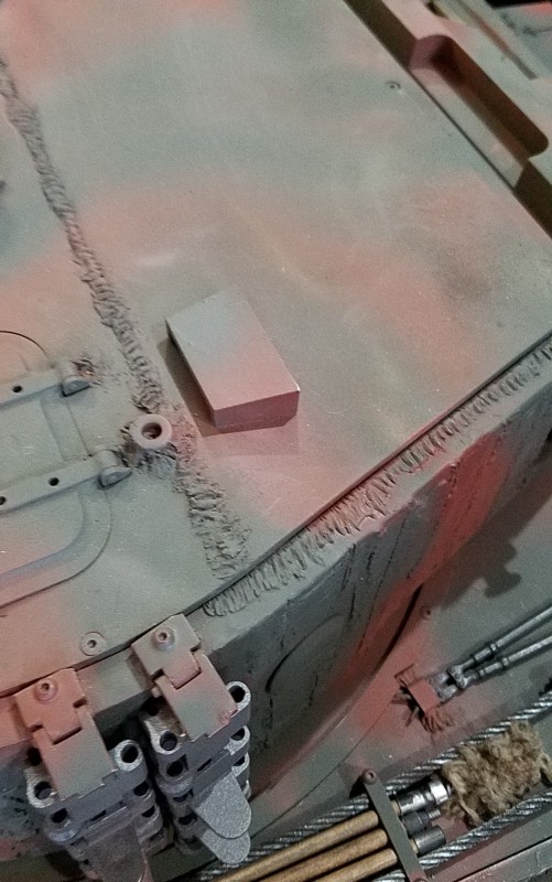 The weld across the top is a common automotive body filler material. The weld at the top, side is Permatex Cold Weld. I wanted to a more permanent weld material against the turret roof because it is more subject to bumps and scraping than the weld across the top, or at least that's my theory.