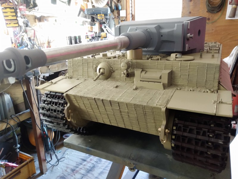 The first time the Tiger has it's turret and cannon in place. The barrel needs to be dressed on my large lathe as the machining marks need removing.