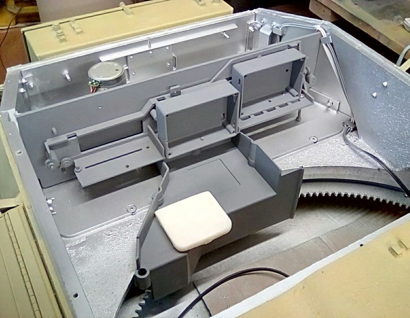 Positioning the racking for the radio sets and the ammunition containers. The commanders seat needs to slide towards the turret right but will need some fetling before that can happen.