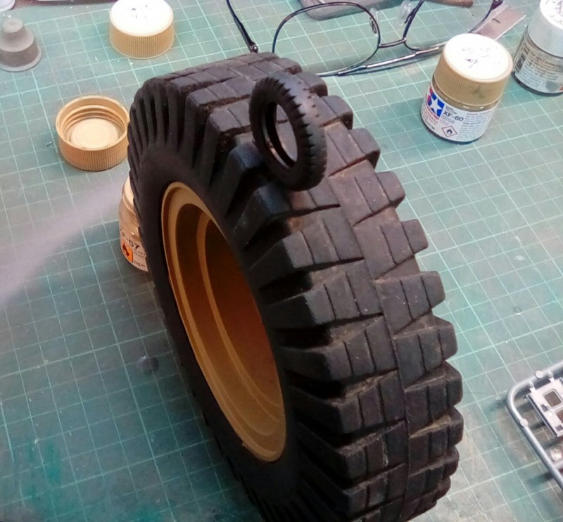 I need to make these look more like the original trailer tyre and wheel. That's the 1/35 on top for comparison, note that this version shows no tread pattern in the middle section.