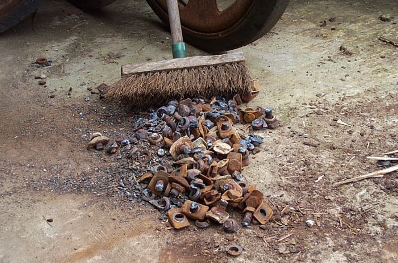 Gas cutting was necessary on many bolts. Note the pressed steel bolt head retainers which prevent rotation.
