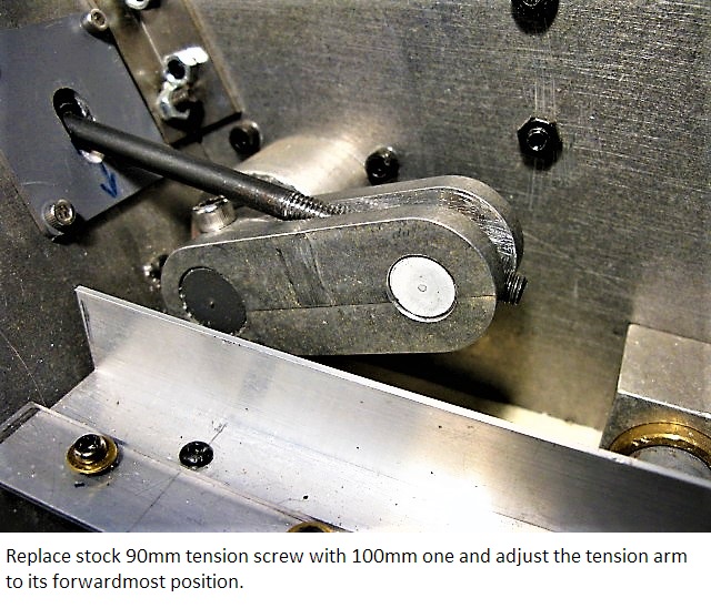 See both the tension screw plate and tension arm are cut to add the moving range. Also tap more threads on the longer tension screw.