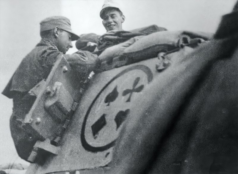 Stotten facing the camera in the regimental command tank