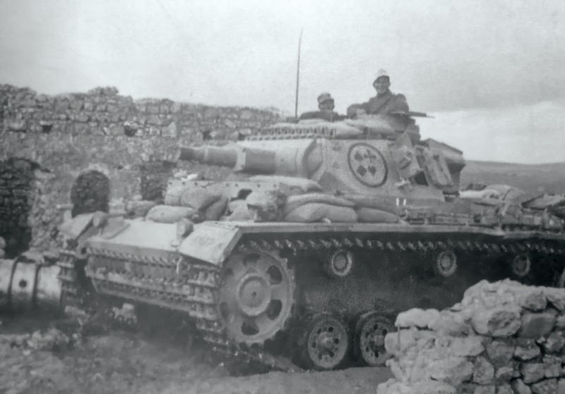 Stotten commanding his Pz III of Abteilung 1, passing through a Tunisian village