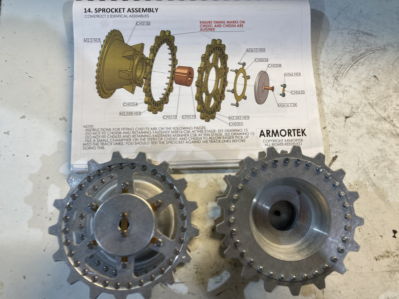 sprockets assembly, note timing marks on sprocket rings