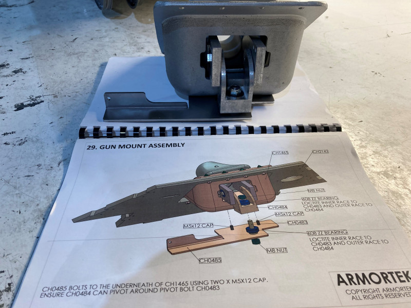 Gun mount assembly, CH0483 has been updated from this drawing, New part takes away the bottom bearing, This elevates some of the movement in the assembly,