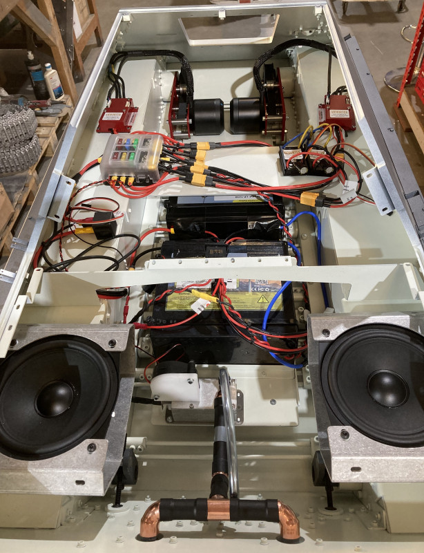 General layout of electronics, None of the modules are fixed down yet, I use dual-lock to do this, this makes attaching/removal easy and acts as a cushion for the modules, A lot of tidying up once testing is finished, Just need to add receiver, Audio unit, Recoil and gun actuators etc/etc.